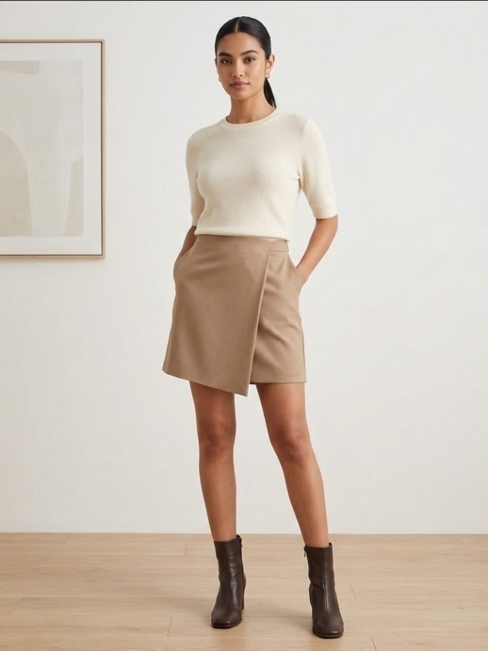 PHILOSOPHY Classic Tan Wrap Mini Skirt Size 10